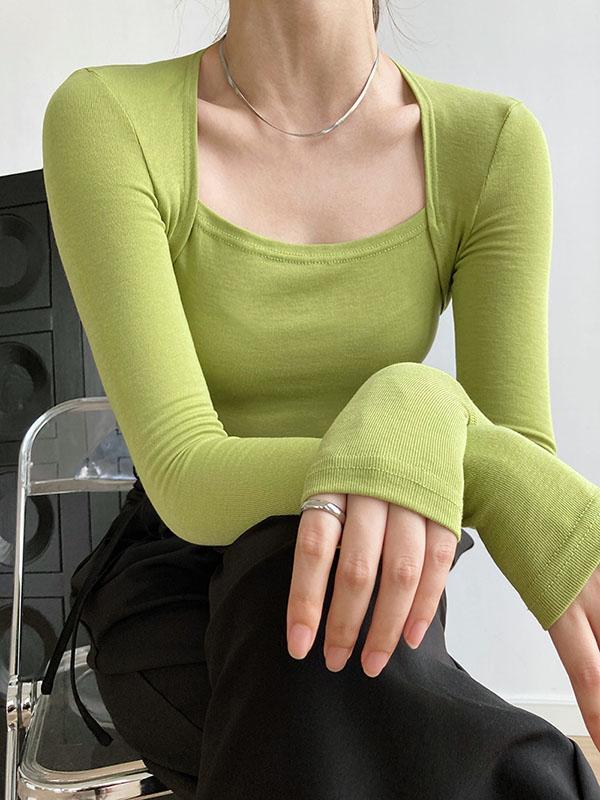 Long Sleeves Skinny Solid Color Square-Neck T-Shirts Tops Product Image