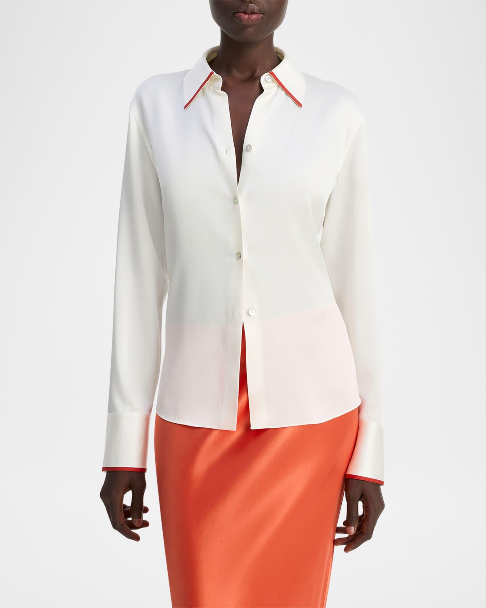 Tipped Slim Silk Long-Sleeve Blouse Product Image