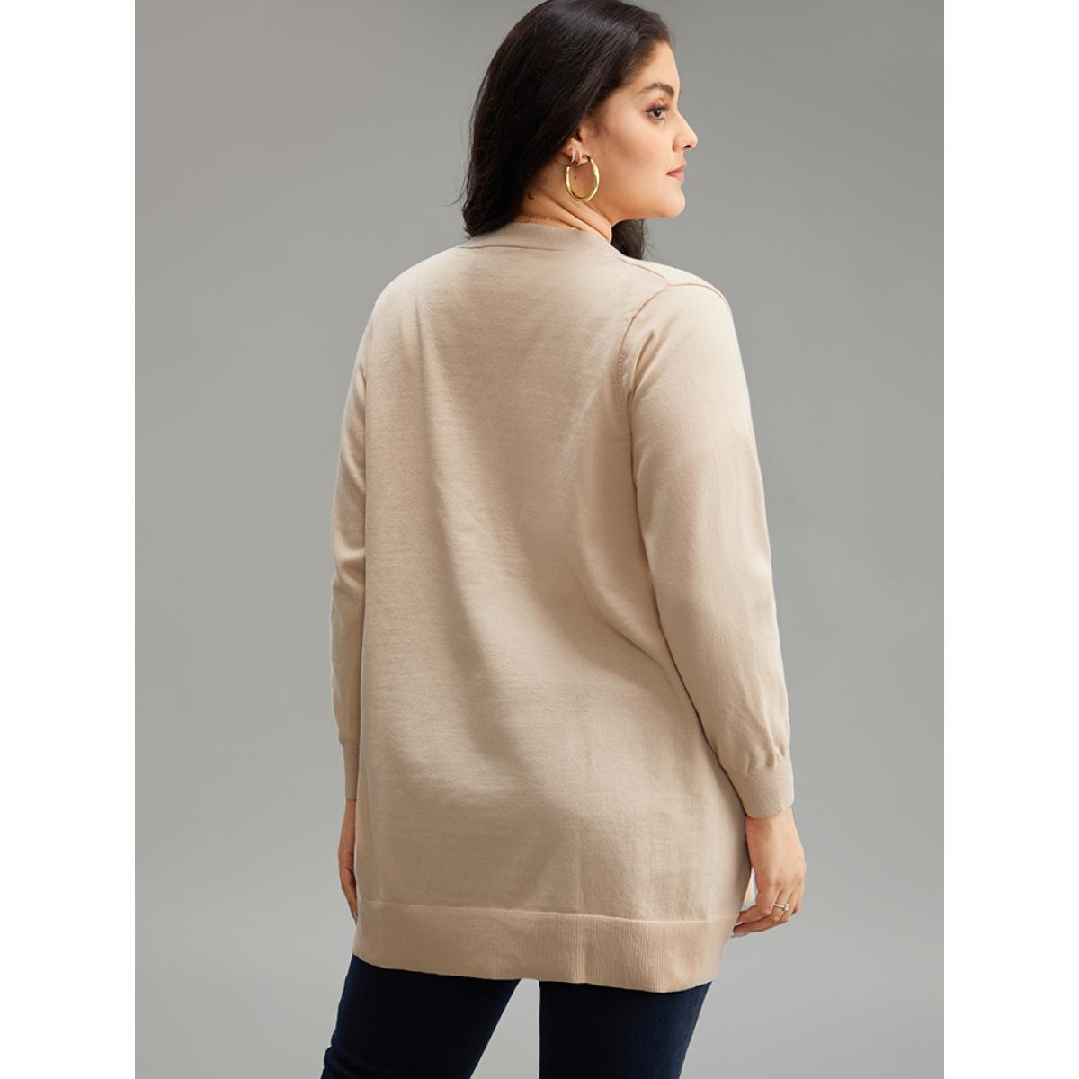 Plus Size Solid Elastic Cuffs Open Front Cardigan Champagne Women Casual Loose Long Sleeve Everyday Cardigans BloomChic 10/M Product Image