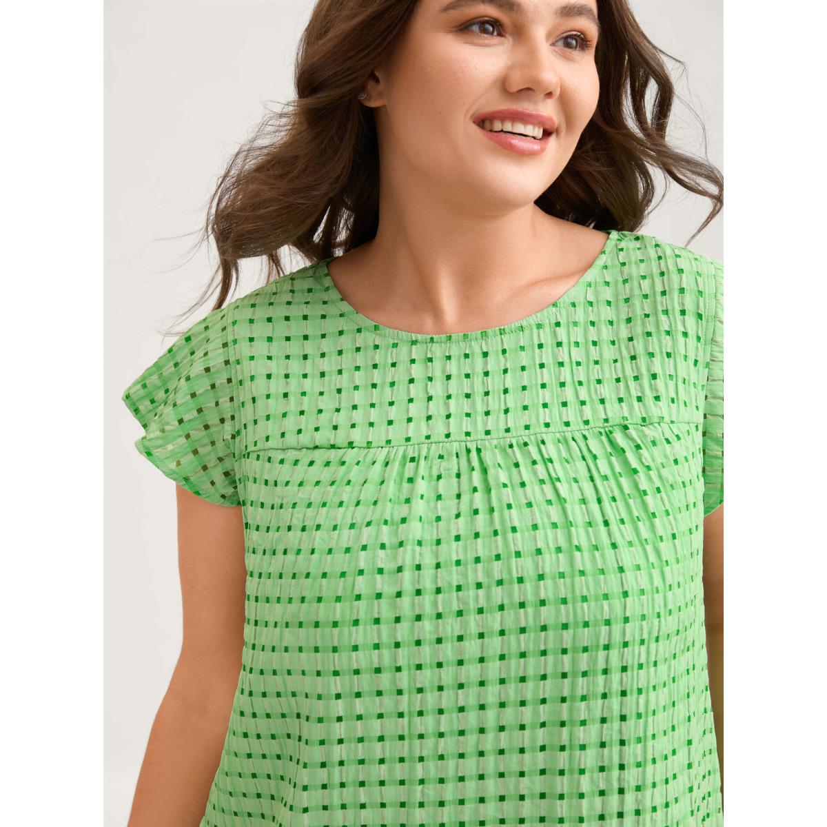 Plus Size SpringGreen Textured Sheer Lined Flutter Sleeve Blouse Women Leisure Cap Sleeve Round Neck Casual Blouses BloomChic 12/L Product Image