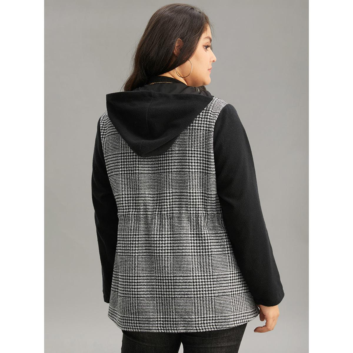 Plus Size Houndstooth Patchwork Zipper Drawstring Coat Women Gray Casual Lined Ladies Everyday Winter Coats BloomChic 26/4X Product Image