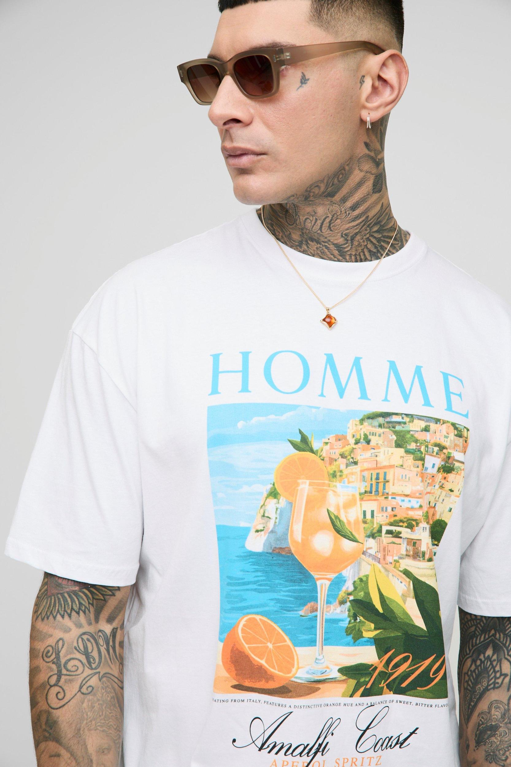 Tall Oversized Extended Neck Homme Amalfi Coast Landscape T-Shirt | boohooMAN USA Product Image
