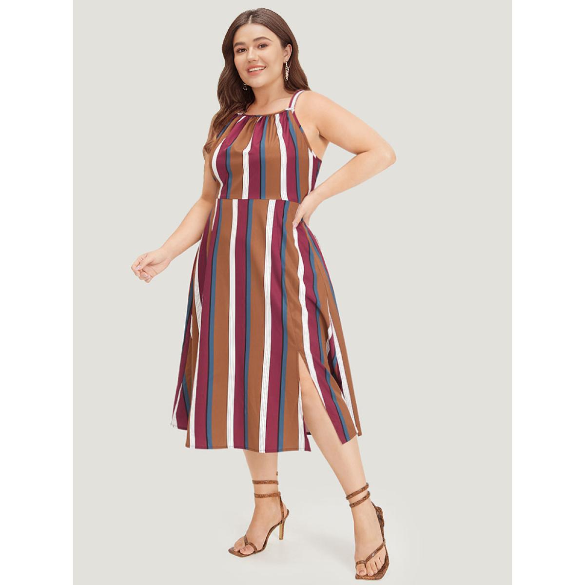 Plus Size Striped Bowknot Cut Out Split Hem Gathered Cami Dress Multicolor Women Elegant Knotted Spaghetti Strap Sleeveless Curvy Midi Dress BloomChic 30/6X Product Image