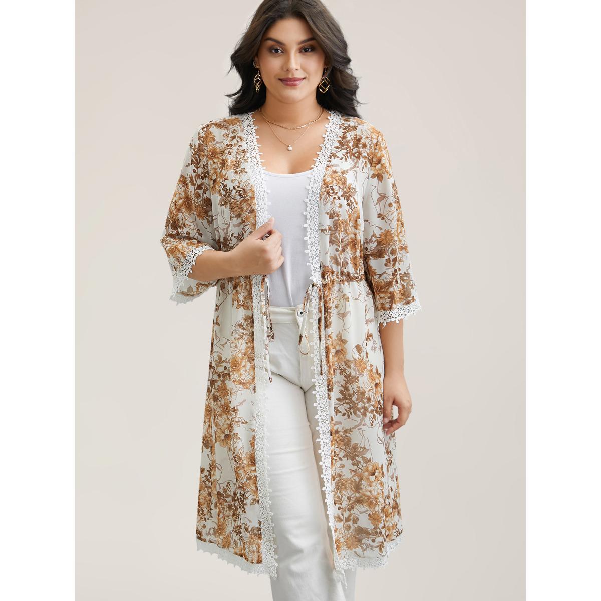 Plus Size Chiffon Floral Print Lace Open-Front Kimono Women Originalwhite Elegant Woven ribbon&lace trim Everyday Kimonos BloomChic 22-24/3X Product Image
