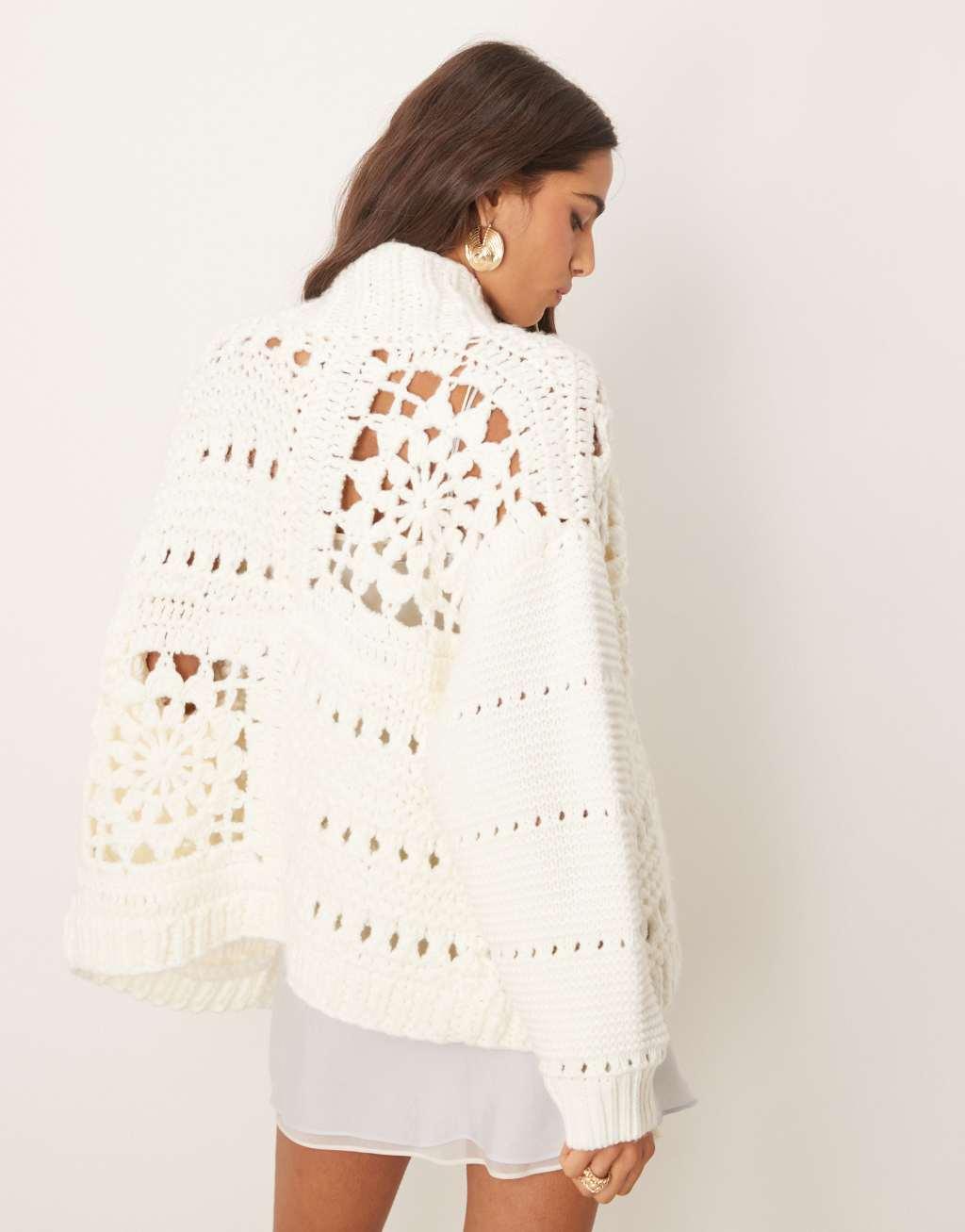 ASOS DESIGN crochet patchwork cardigan with collar detail in cream Product Image