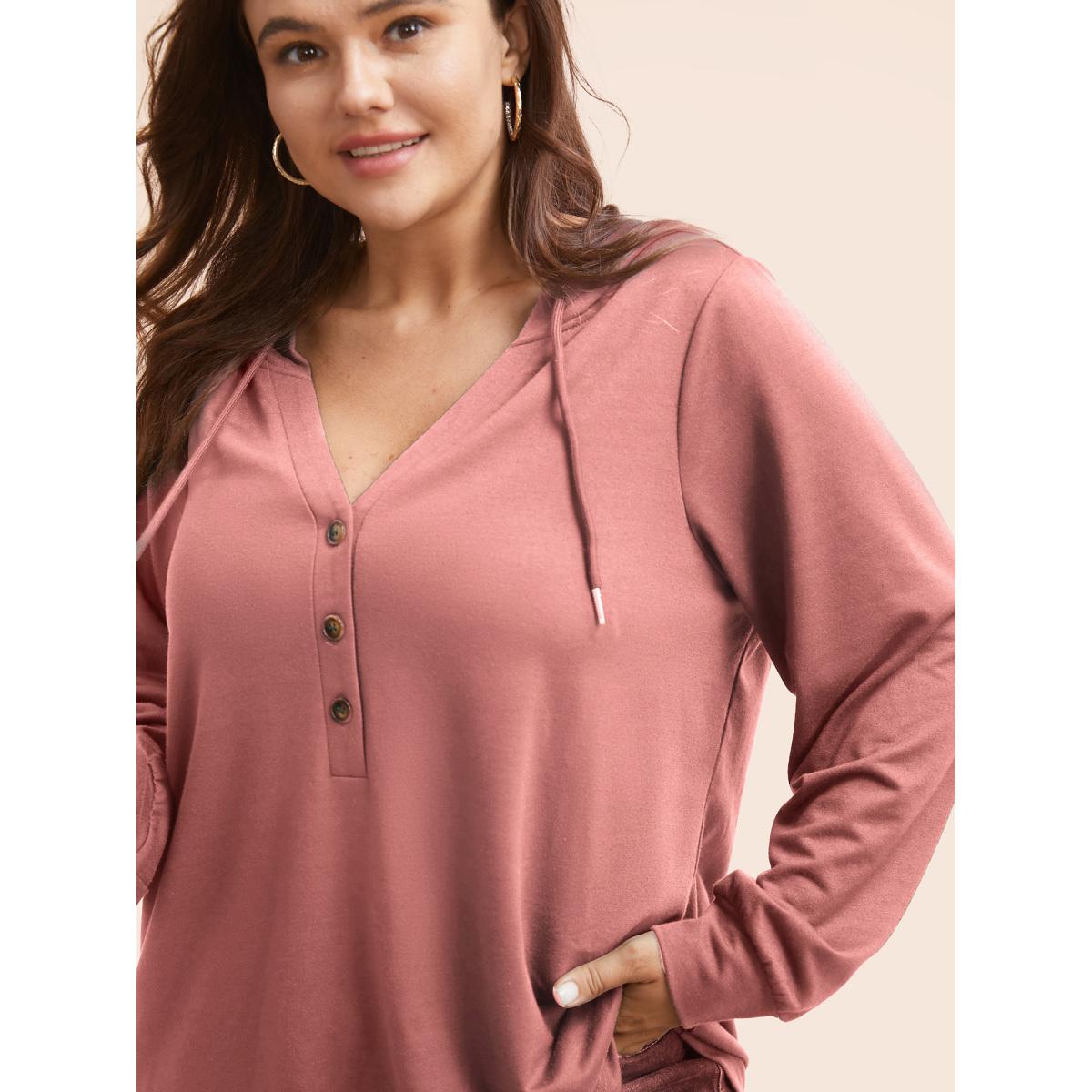 Plus Size Plain Button Up Drawstring Hooded Sweatshirt Women DustyPink Casual Elastic cuffs Hooded Dailywear Sweatshirts BloomChic 26/4X Product Image