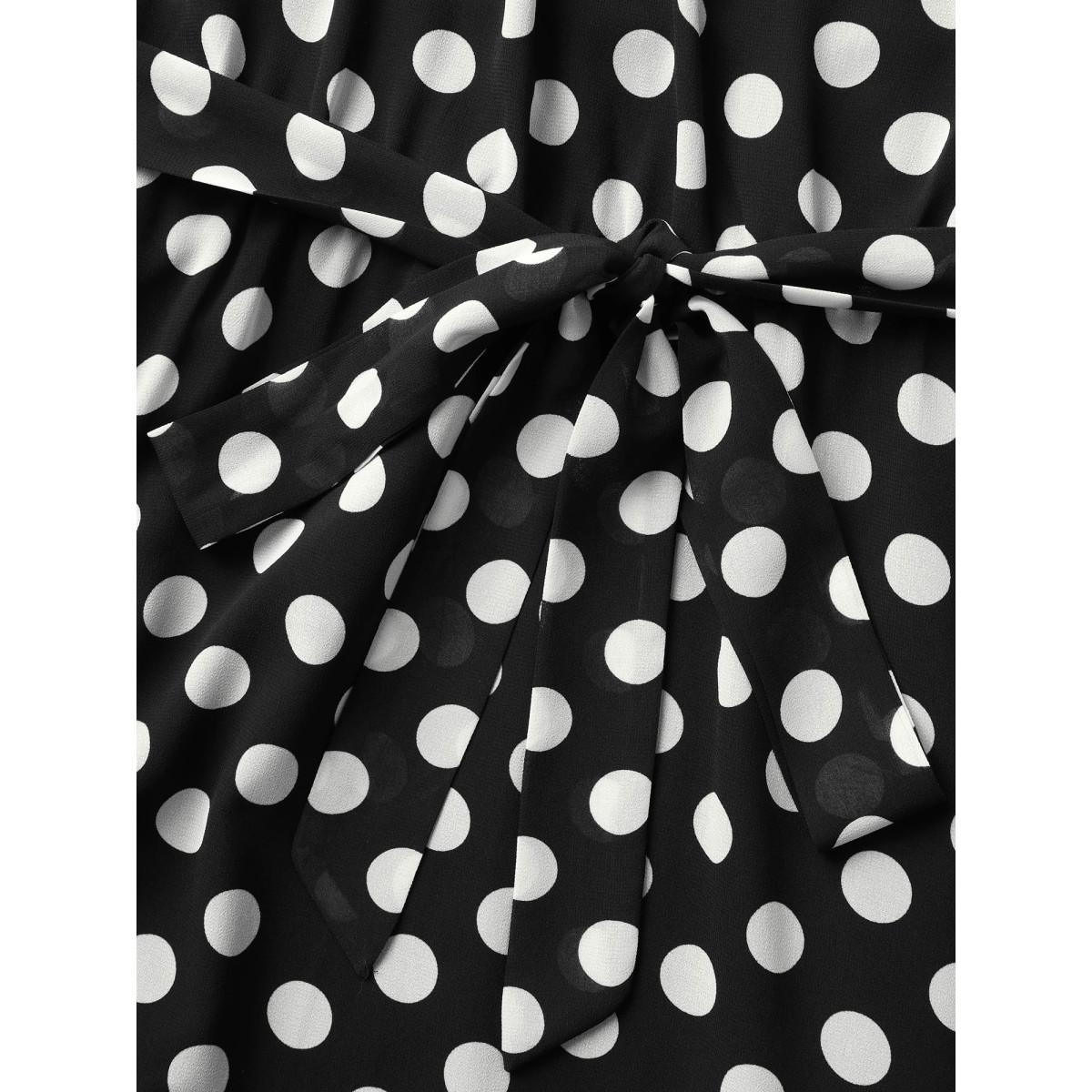 Plus Size Halter Polka Dot Ruffle Hem Belted Dress Black Women Elegant See through Halter neck Sleeveless Curvy BloomChic 10/M Product Image