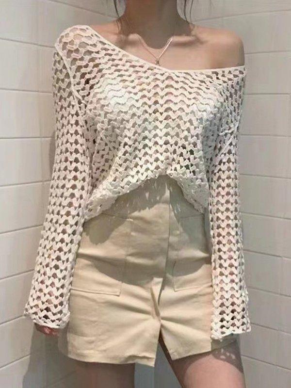 Hollow Out Long Sleeve Heart Crochet Knit Top Product Image