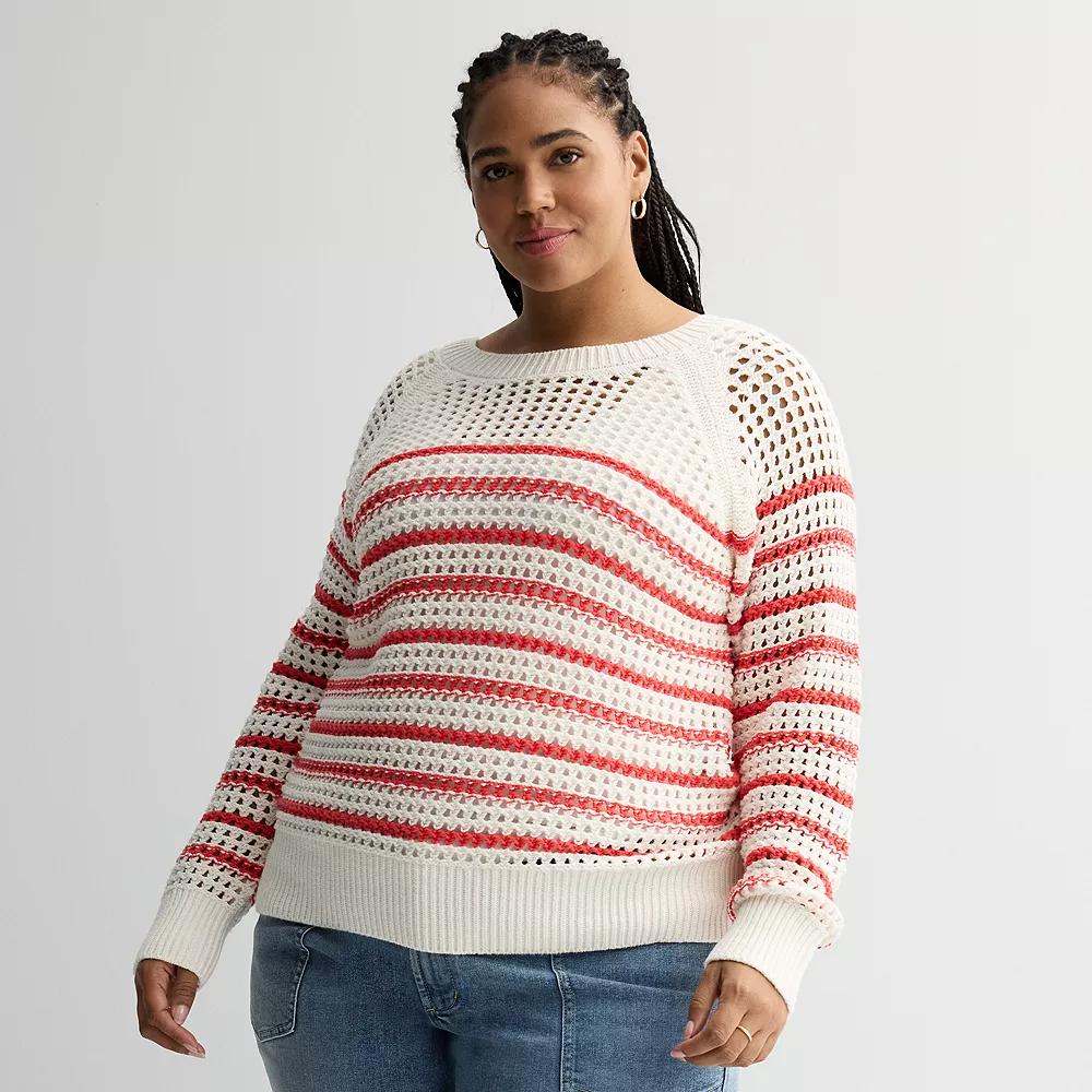 Plus Size Sonoma Goods For Life® Open Stitch Pullover, Women's, Size: 5XL, Ivory Navy Stripe Product Image