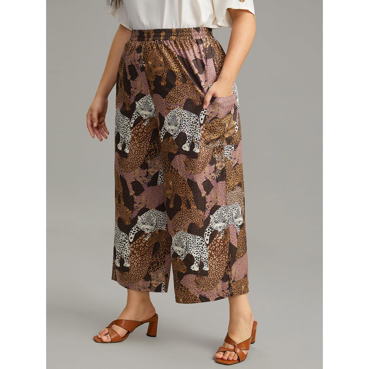 Plus Size Leopard Print Elastic Waist Straight Leg Pants Women Multicolor Casual Wide Leg High Rise Dailywear Pants BloomChic 22-24/3X Product Image