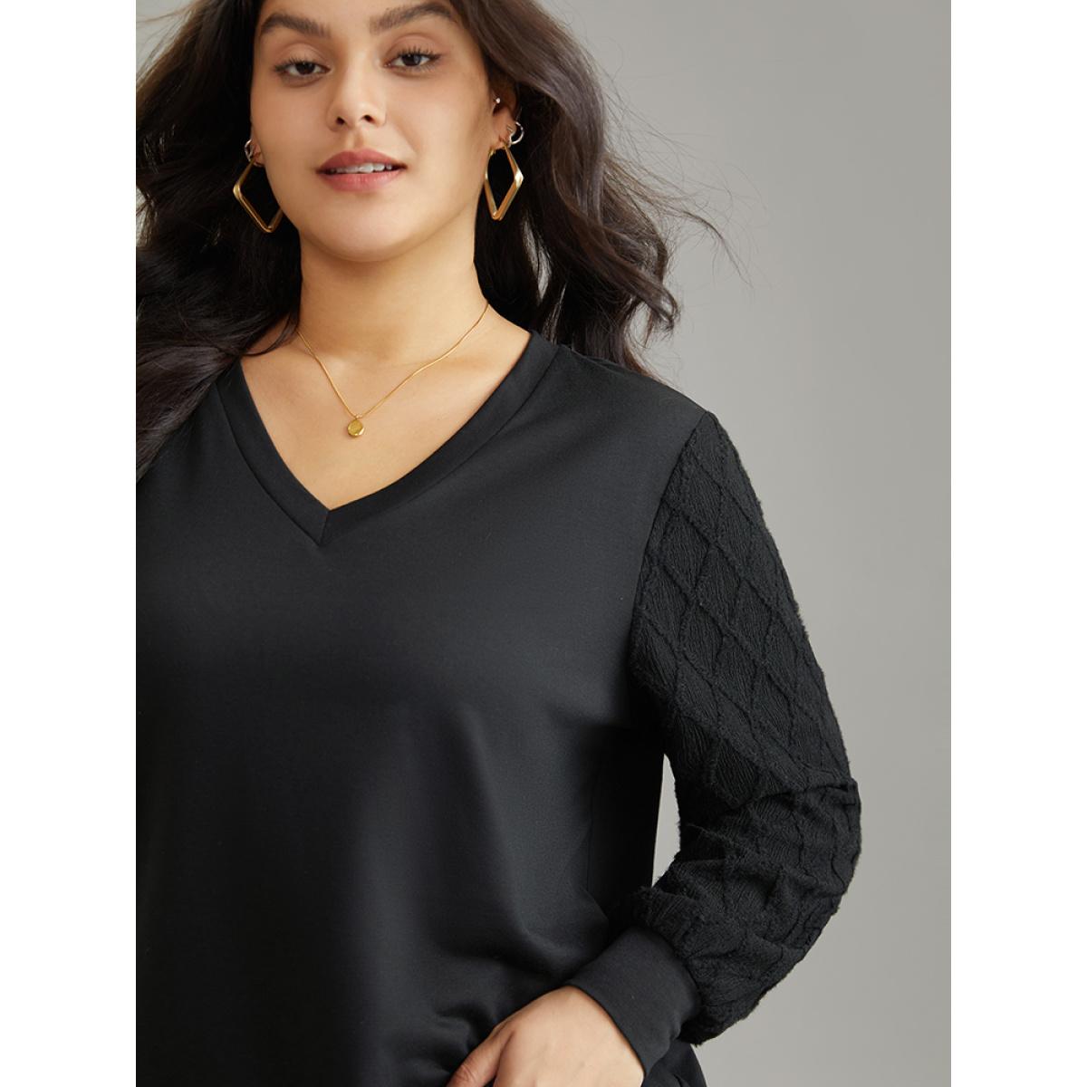 Plus Size Plain Textured Patchwork Jacquard Sweatshirt Women Black Casual Texture V-neck Dailywear Sweatshirts BloomChic 10/M Product Image