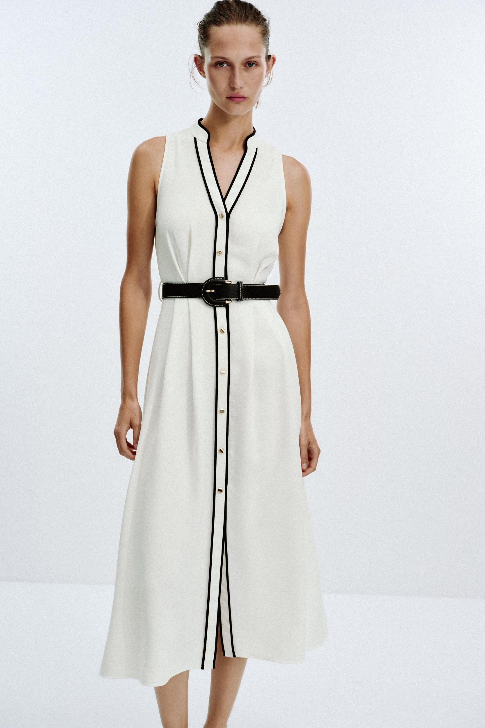 BELTED CONTRAST TRIM MIDI DRESS Product Image