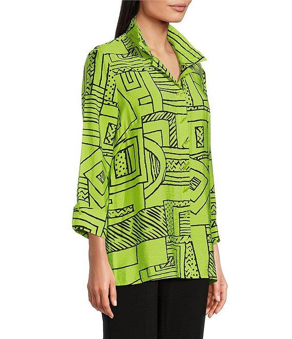 Ali Miles Printed Wire Collar 3/4 Sleeve Button Front Side Slit Tunic Product Image