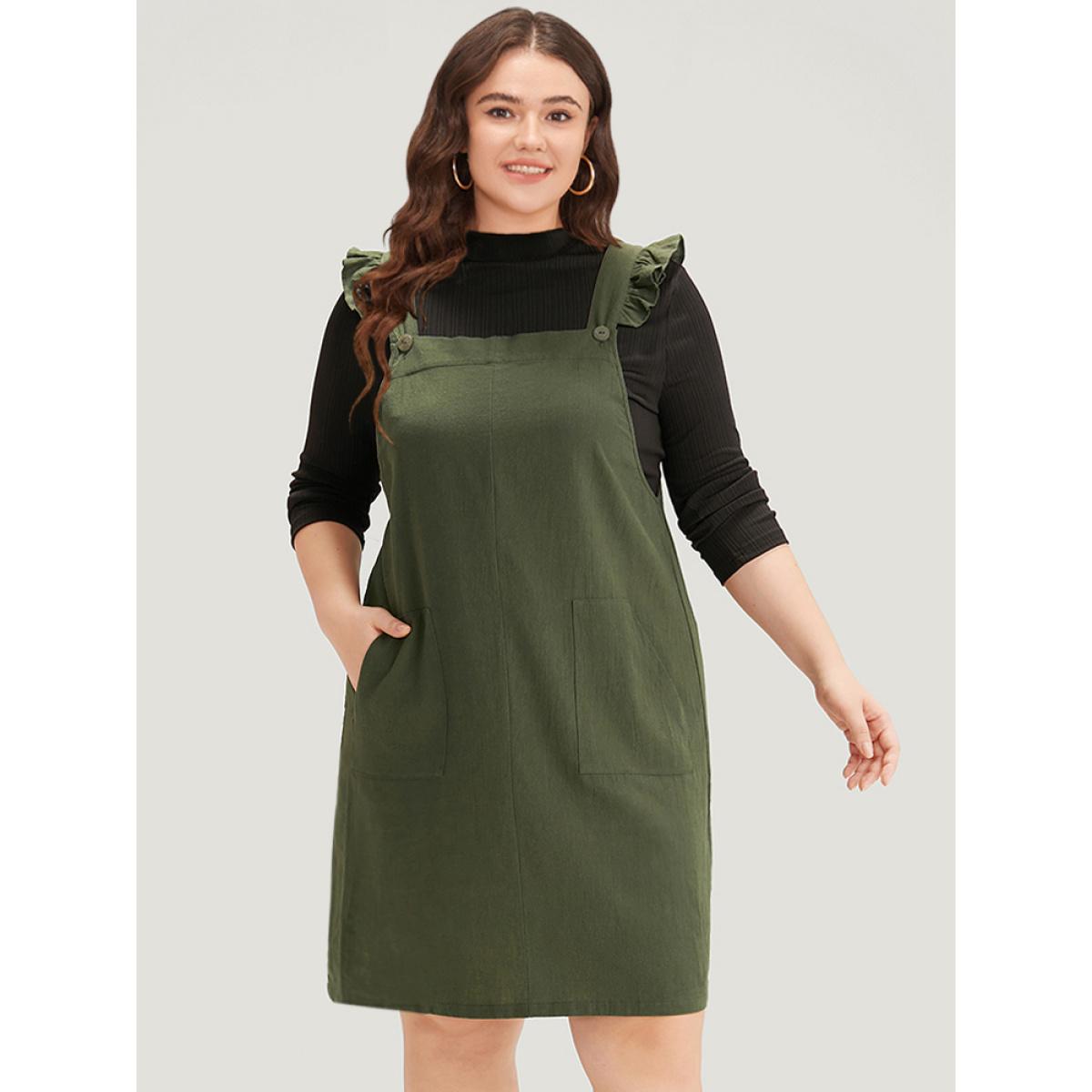 Plus Size Solid Square Neck Button Up Pocket Ruffle Trim Cami Dress ArmyGreen Women Casual Plain Spaghetti Strap Sleeveless Curvy Knee Dress BloomChic 10/M Product Image