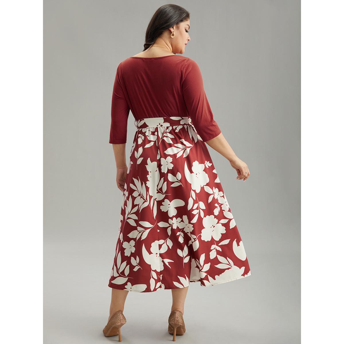 Plus Size Silhouette Floral Print Cowl Neck Belted Split Hem Dress Scarlet Women Office Gathered Cowl Neck Long Sleeve Curvy Midi Dress BloomChic 26/4X Product Image