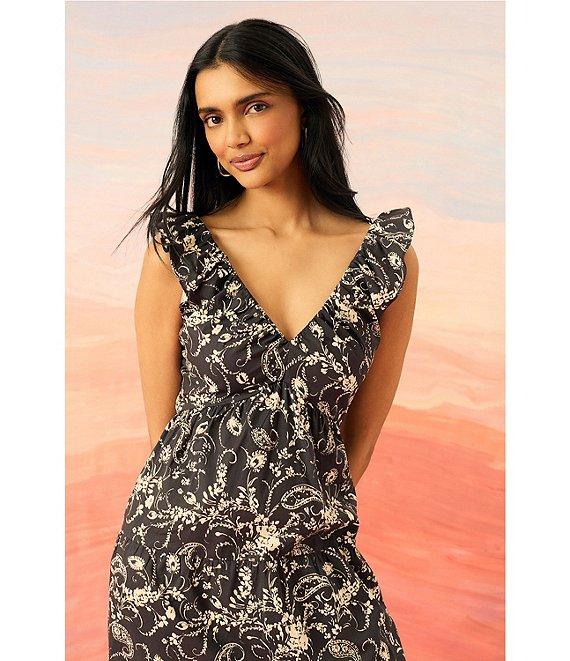The Good Journey V-Neck Ruffle Shoulder Printed Cotton Poplin A-Line Midi Dress Product Image