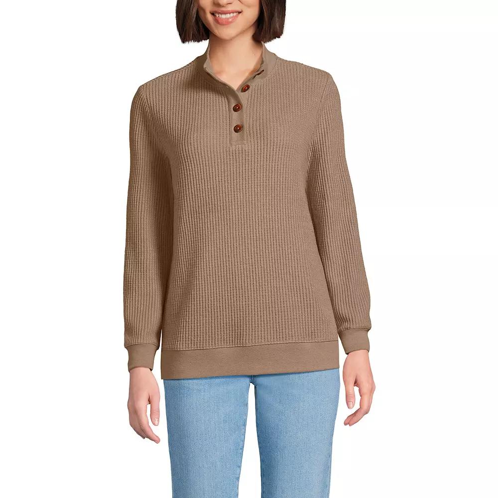 Women's Lands' End Long-Sleeve Waffle Knit Button Placket Top, Size: Large, Ivory Product Image