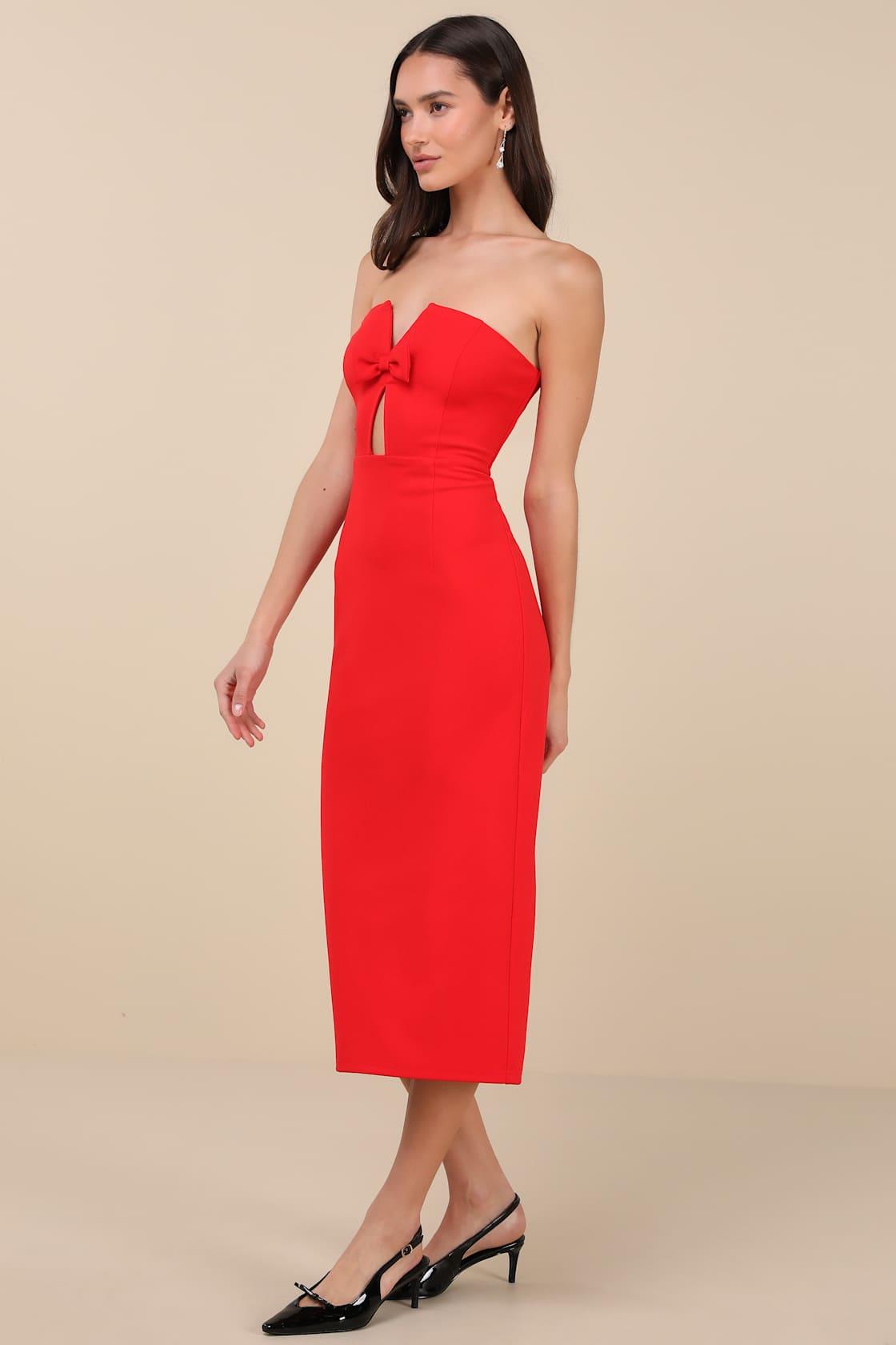 Vivacious Aesthetic Red Cutout Strapless Midi Dress Product Image