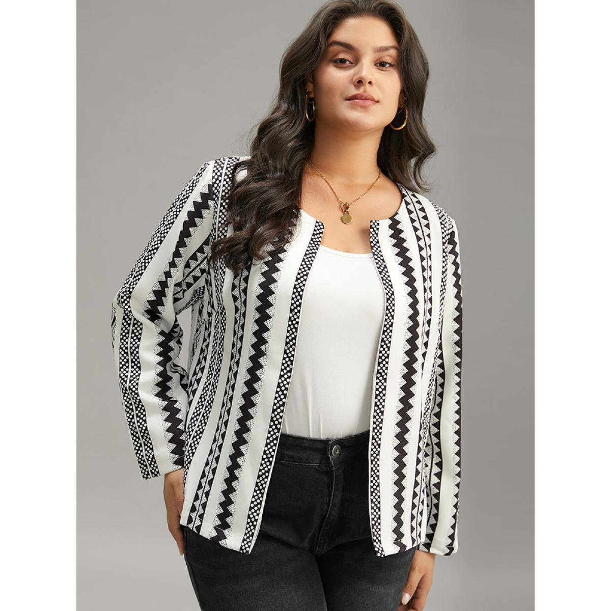Plus Size Geometric Boho Print Open Front Jacket Women White Resort Contrast Ladies Vacation Winter Coats BloomChic 18-20/2X Product Image