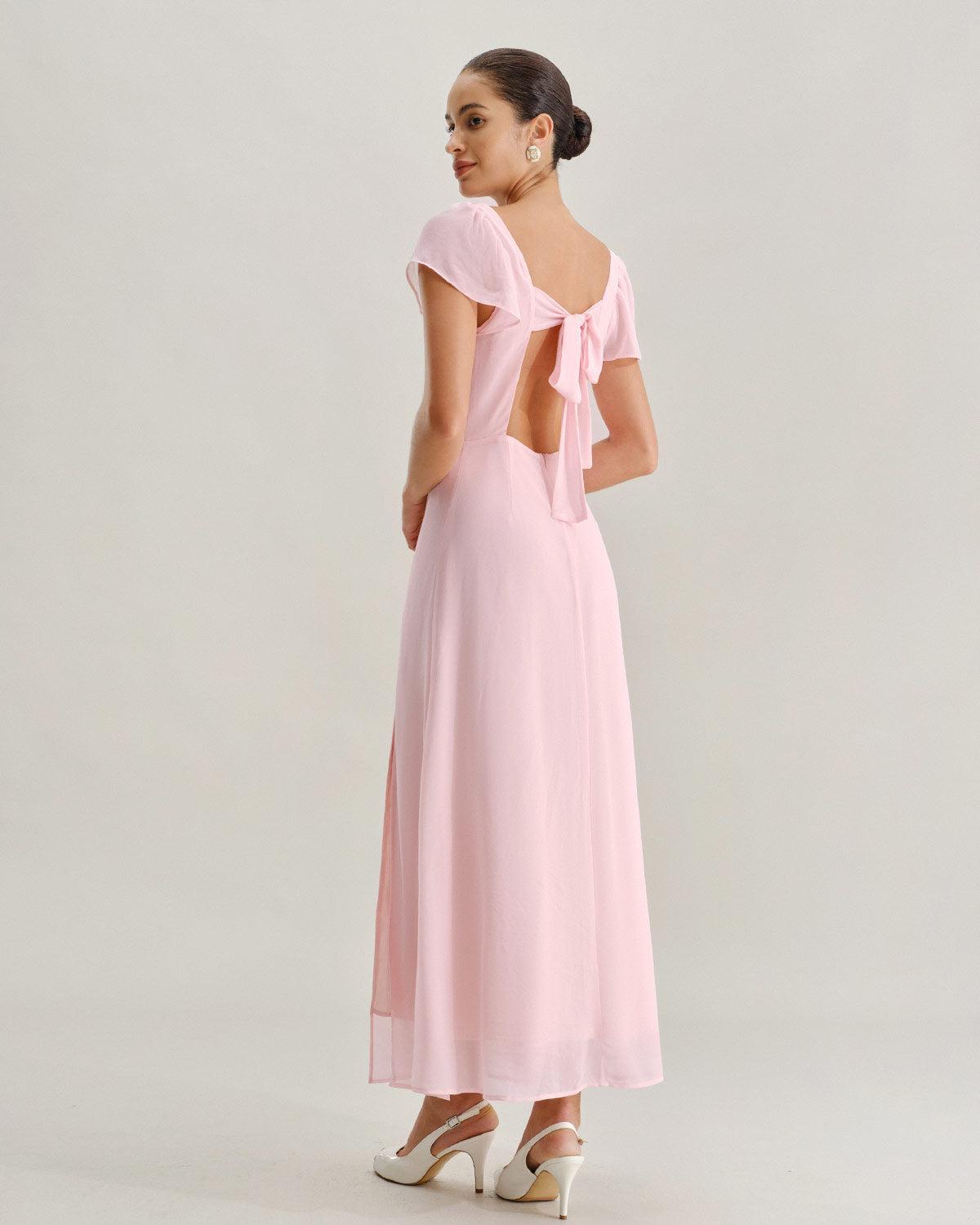 Pink Sweetheart Neck Chiffon Maxi Dress Product Image