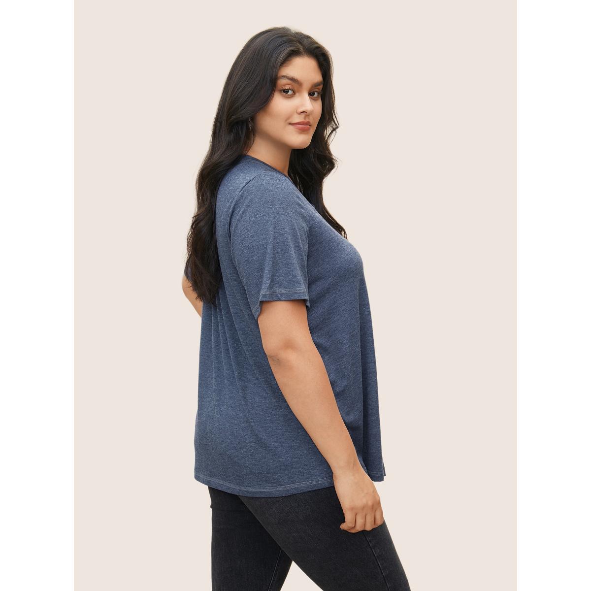 Plus Size Solid Crisscross Neck Contrast Stitch T-shirt DarkBlue Women Leisure Plain V-neck Casual T-shirts BloomChic 14-16/1X Product Image