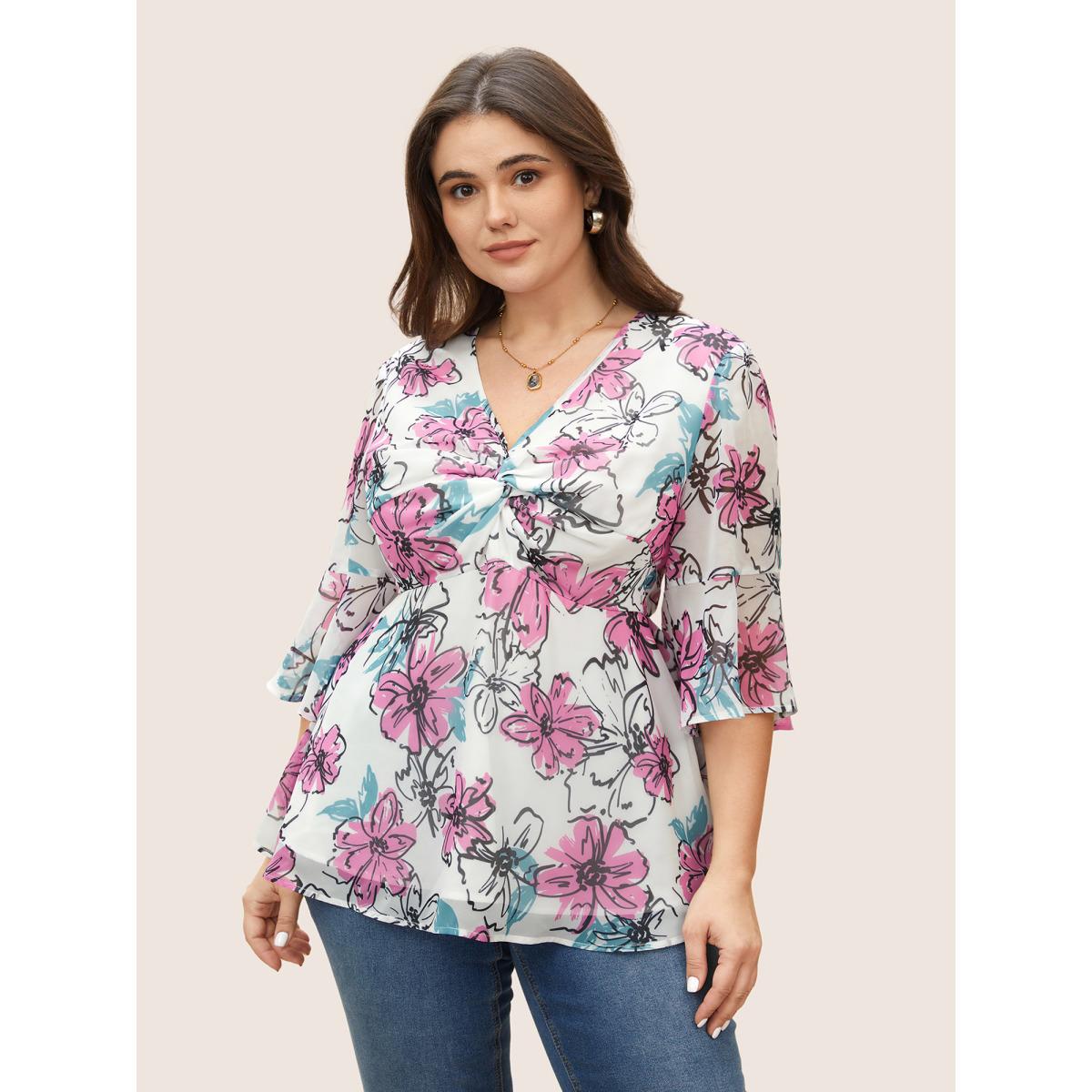 Plus Size Ivory Floral Twist Ruffles See Through Blouse Women Elegant Elbow-length sleeve V-neck Everyday Blouses BloomChic 30/6X Product Image
