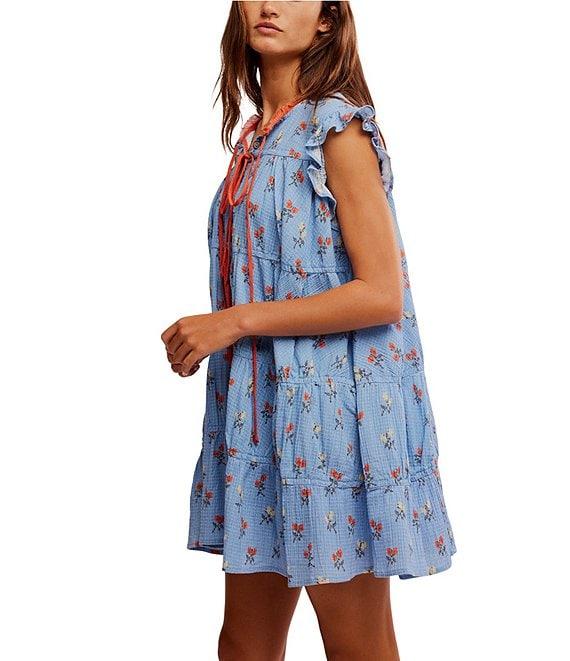 Free People Sundown Floral Print Split Neck Cap Sleeve Mini Babydoll Dress Product Image