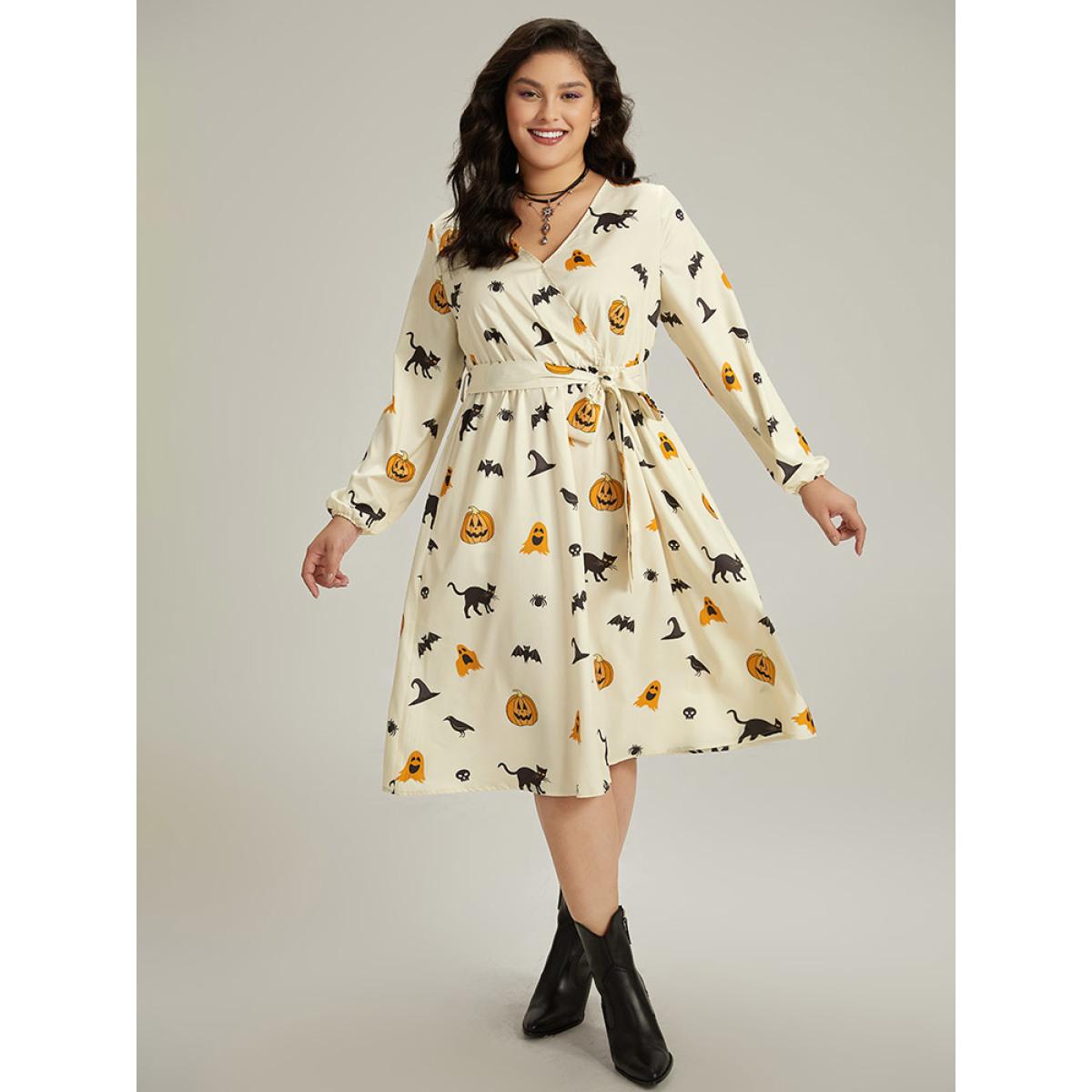 Plus Size Halloween Pumpkin & Bat Print Wrap Lantern Sleeve Dress Beige Women Office Elastic cuffs Overlap Collar Long Sleeve Curvy Midi Dress BloomChic 18-20/2X Product Image