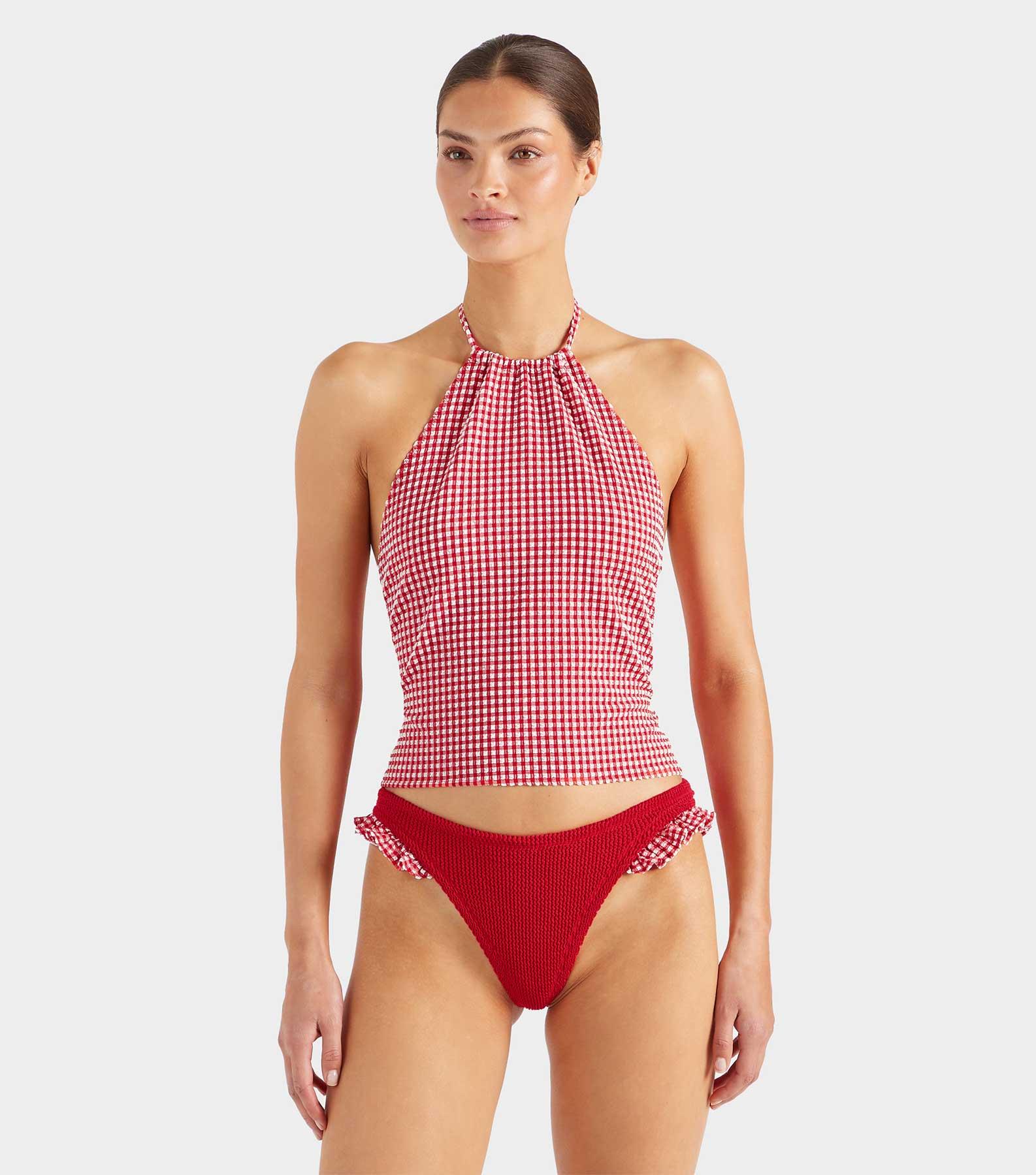 Gingham Seersucker Halter Top - Red Gingham Product Image