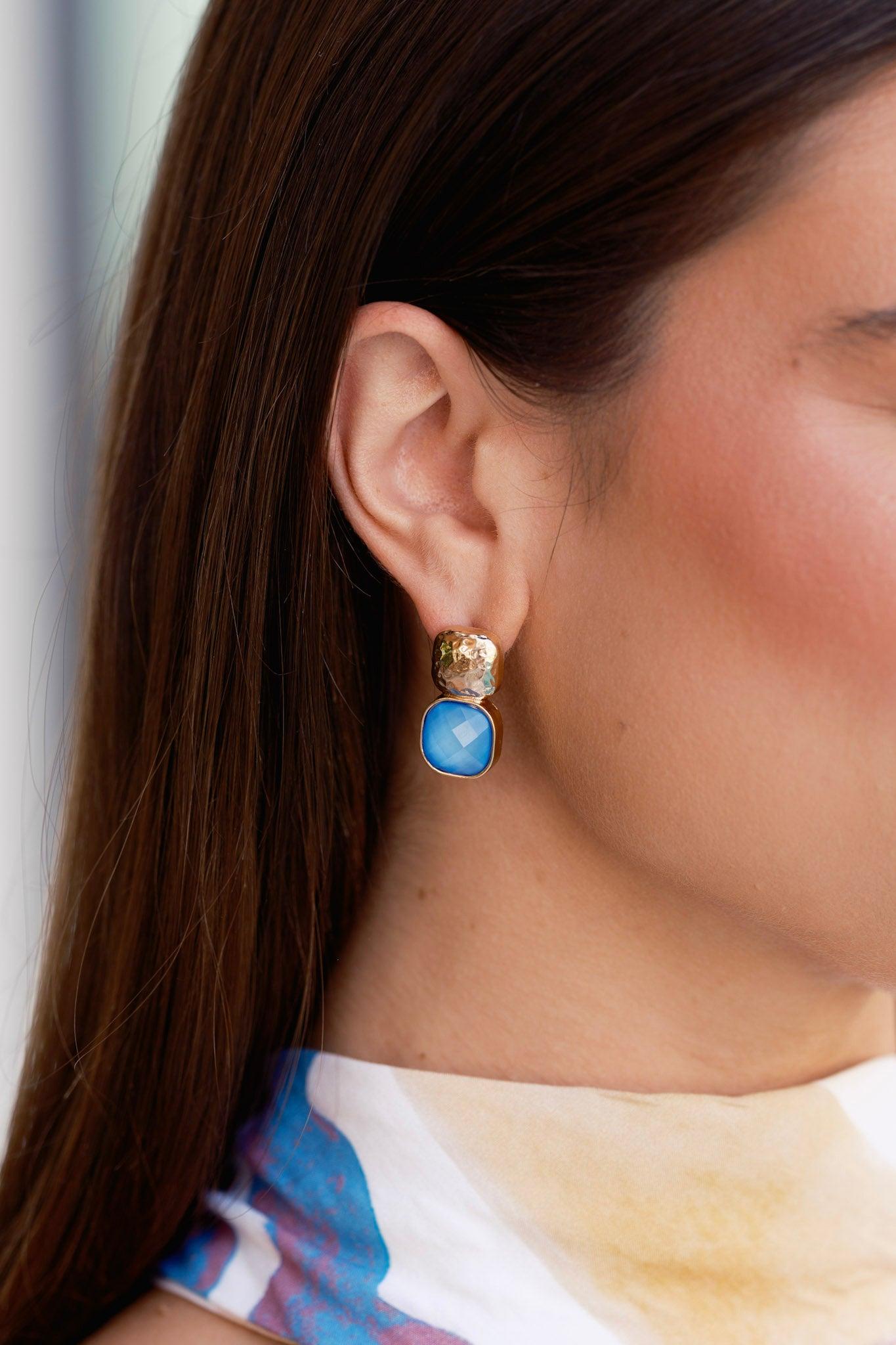 It's The Small Things Gold Textured Blue Stone Earrings Product Image