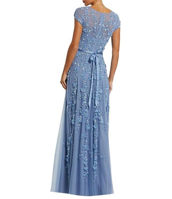 Mac Duggal Illusion Round Neck Cap Sleeve Floral Embellished Mesh Aline Gown Product Image