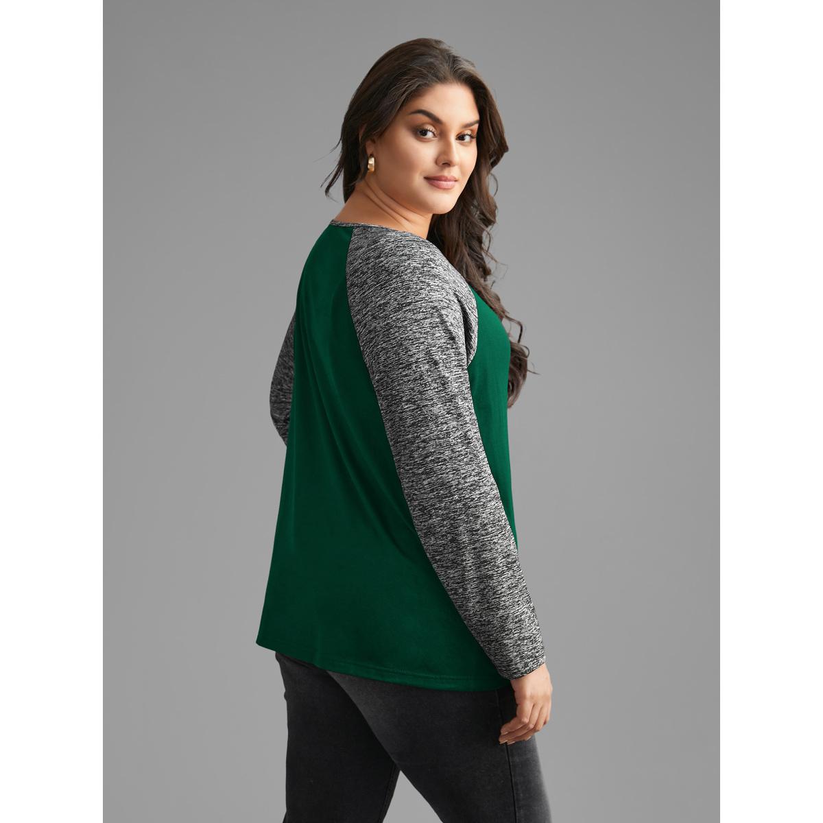 Plus Size Heather Patchwork Button Detail Stretchy T-Shirt DarkGreen Women Casual Contrast Flat collar with V-notch Everyday T-shirts BloomChic 14-16/1X Product Image