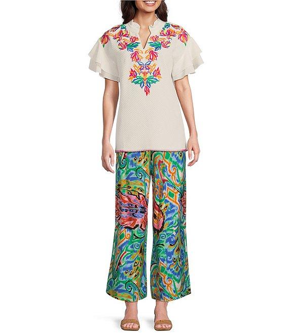 Calessa Petite Size Embroidered Ruffle Double Layer Short Sleeve Top Product Image