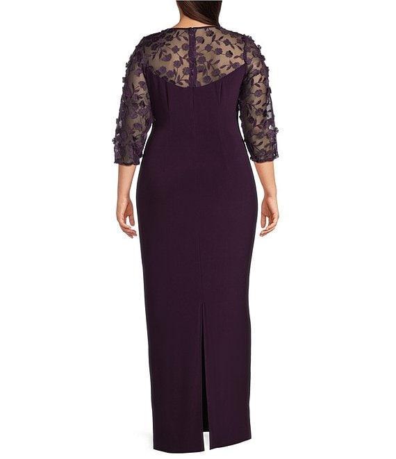 Le Bos Plus Size Embellished 3D Floral Trim Illusion Neckline 3/4 Sleeves Gown Product Image