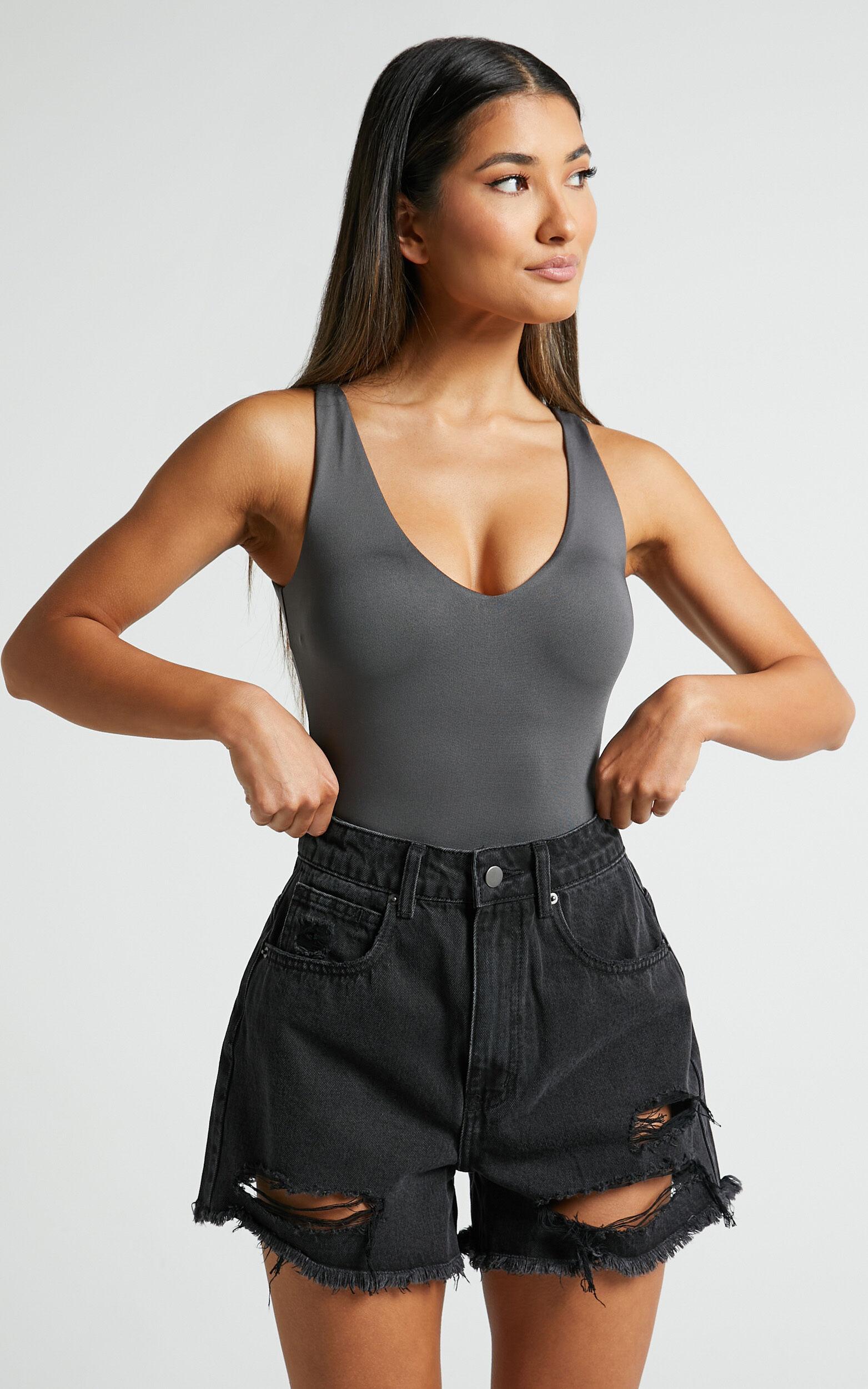 Mindae Shorts - Recycled Cotton Ripped Denim Shorts in Washed Black Product Image