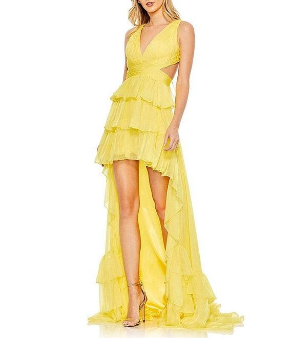 Mac Duggal V-Neck Sleeveless Side Cut Out Back Detail Tiered Ruffle High-Low Gown Product Image