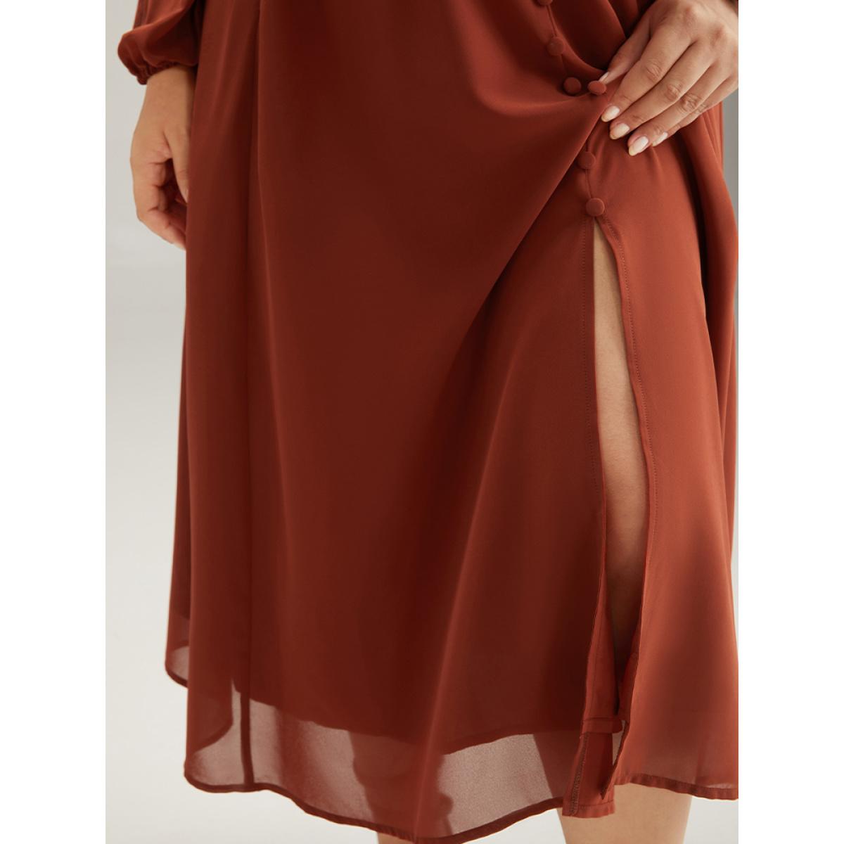 Plus Size Chiffon Plain Split Hem Button Detail Dress Rust Women Elegant Elastic cuffs V-neck Long Sleeve Curvy Midi Dress BloomChic 30/6X Product Image