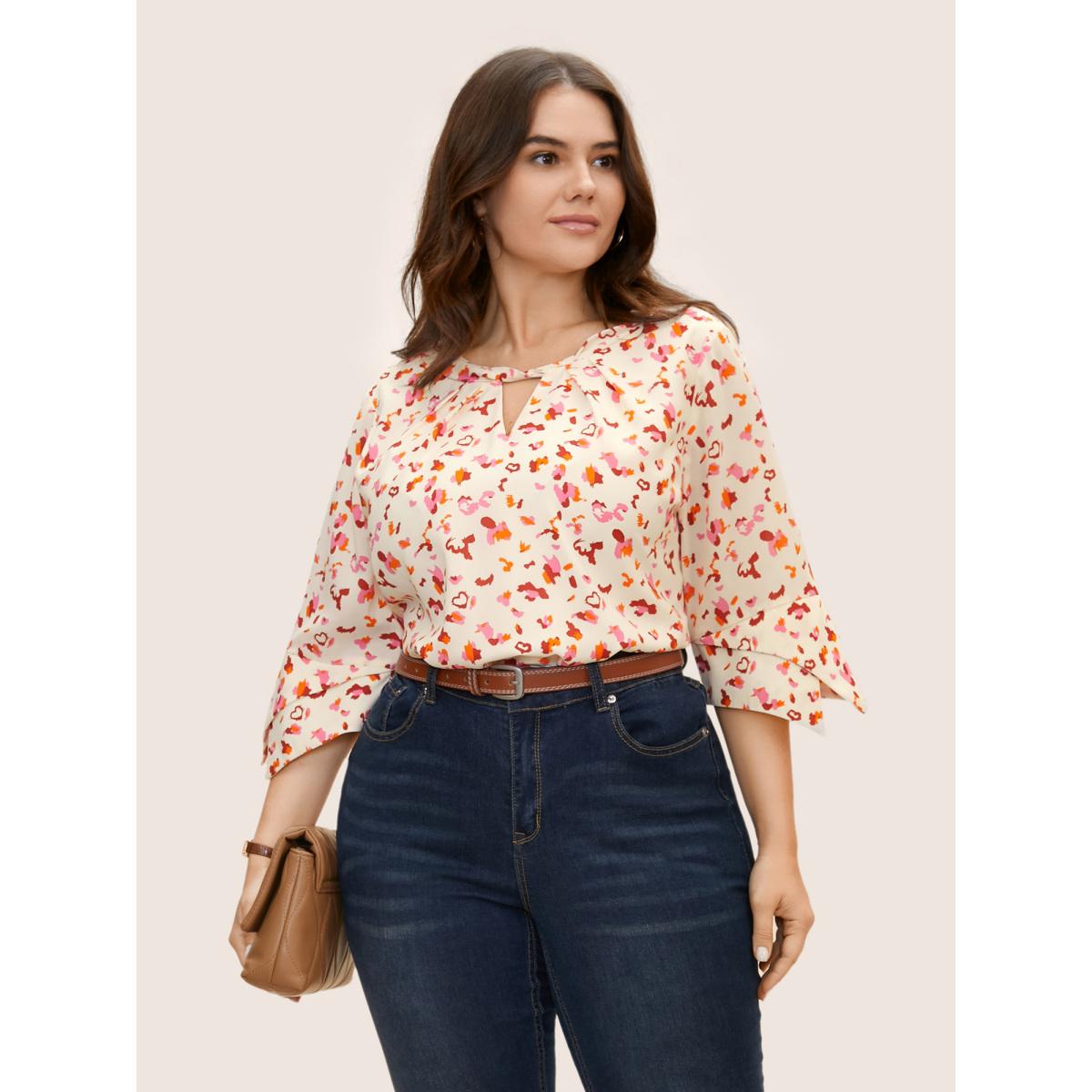 Plus Size Multicolor Allover Print Ruffle Sleeve Keyhole Blouse Women At the Office Elbow-length sleeve Round Neck Office Blouses BloomChic 28/5X Product Image