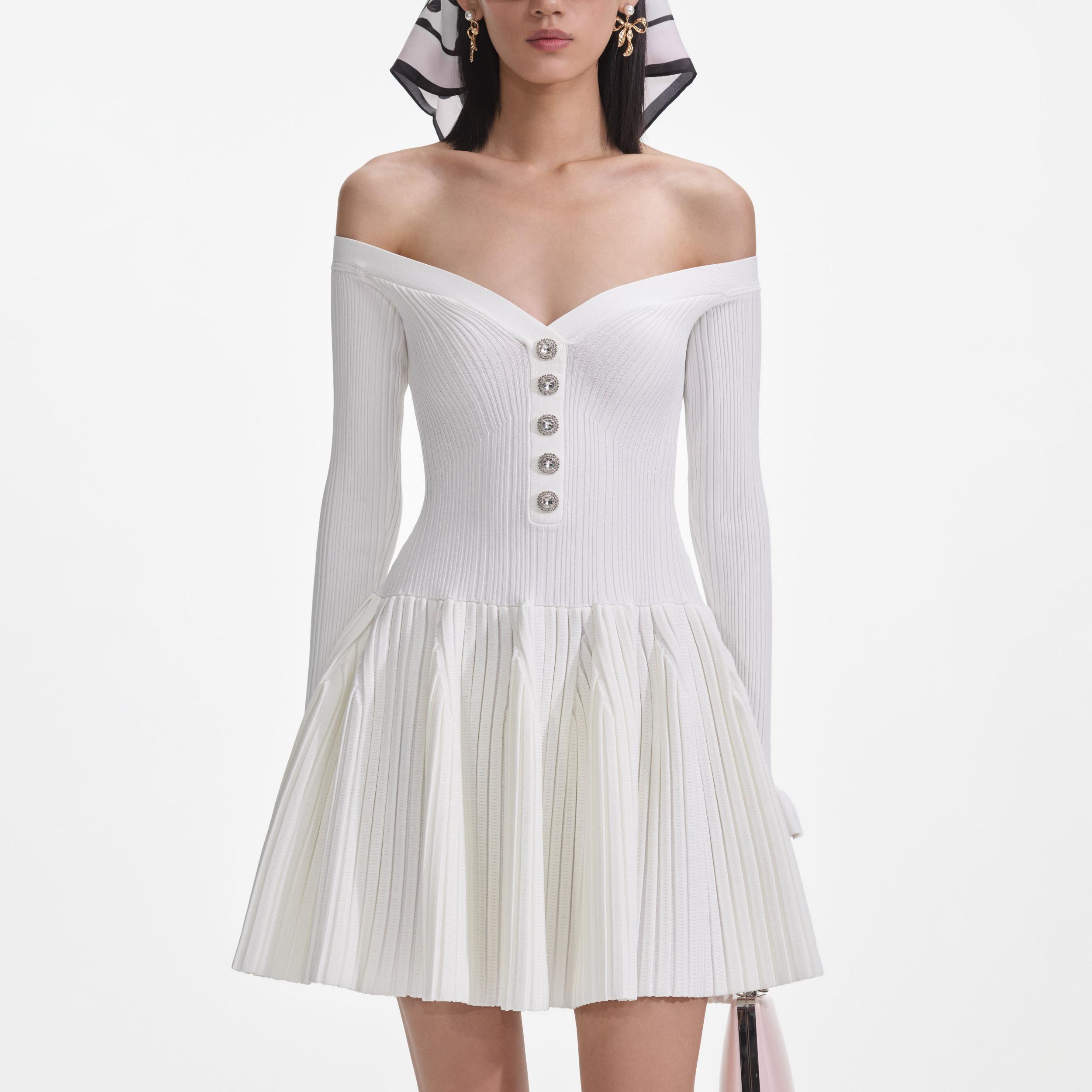 White Ribbed Knit Mini Dress Product Image