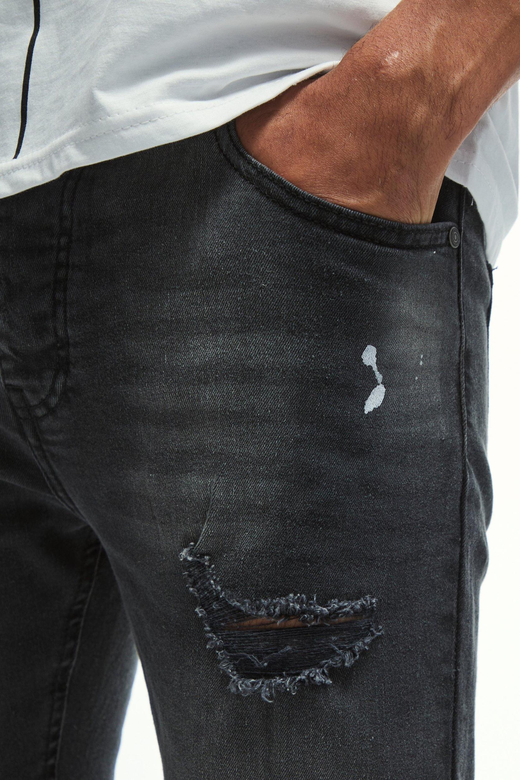 Skinny Stretch Knee Rip Paint Splatter Jeans | boohooMAN USA Product Image