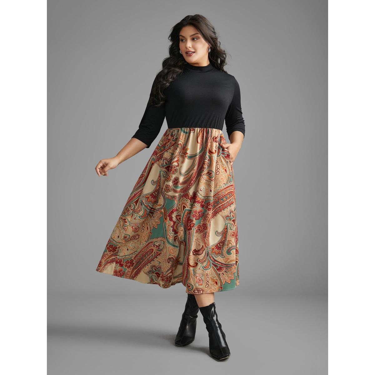 Plus Size Bandana Print Patchwork Elastic Waist Dress Black Women Resort Patchwork Mock Neck Elbow-length sleeve Curvy BloomChic 30/6X Product Image