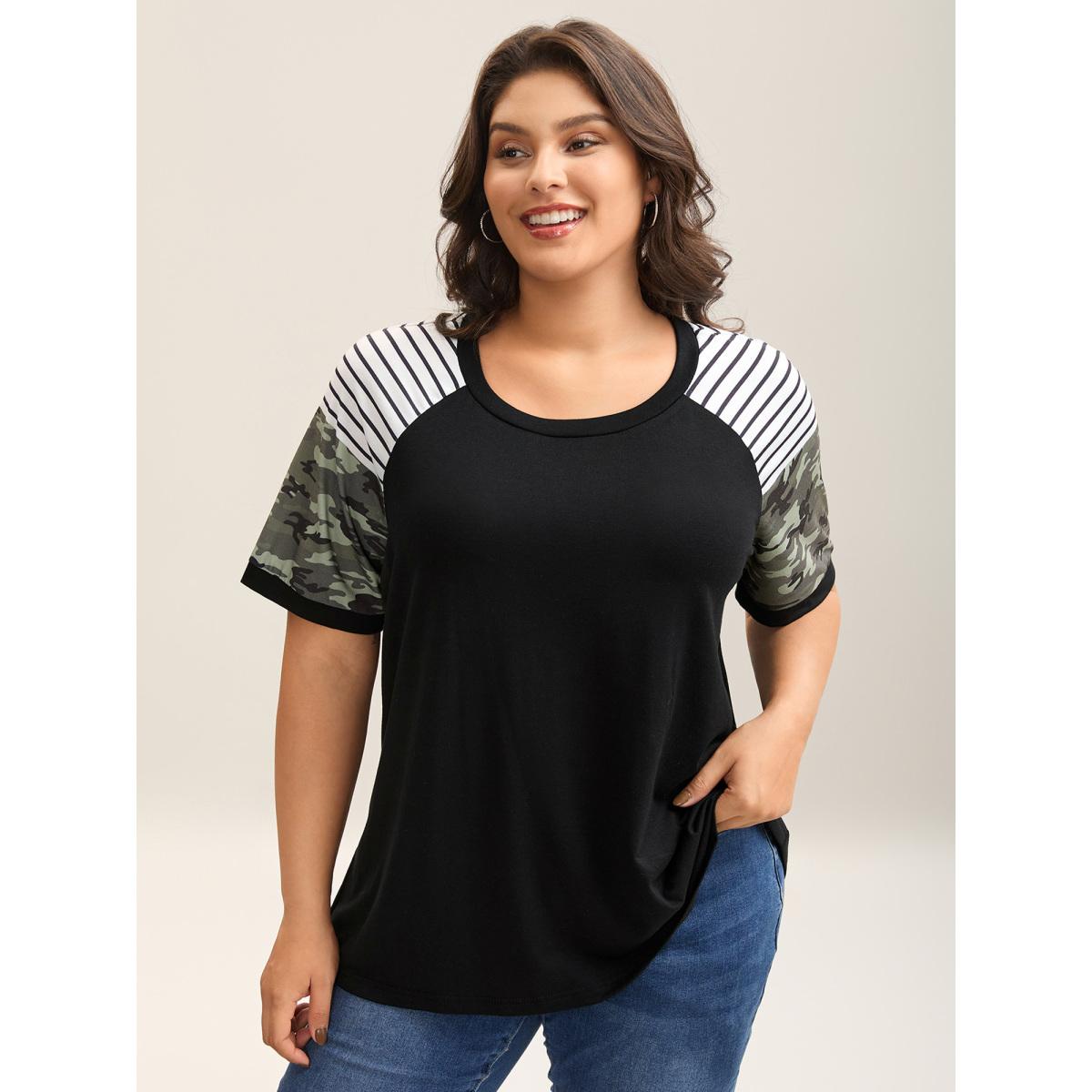 Plus Size Striped Camouflage Print Round Neck T-Shirt Black Women Contrast Round Neck Everyday-Casual T-shirts BloomChic 14-16/1X Product Image