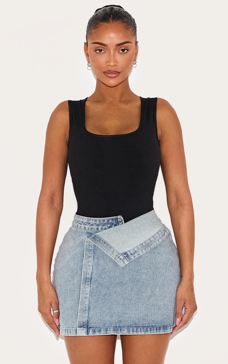 Shape Washed Blue Denim Foldover Waist Mini Skirt Product Image