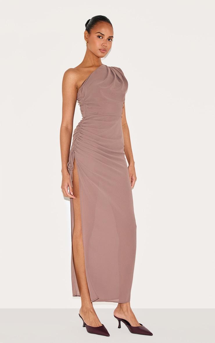 Mushroom Chiffon One Shoulder Ruched Maxi Dress Product Image