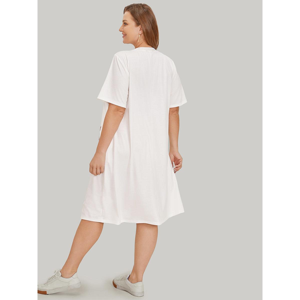 Plus Size Floral Print Pocket Contrast Midi Dress White Women Casual Pocket Round Neck Short sleeve Curvy Midi Dress BloomChic 12/L Product Image