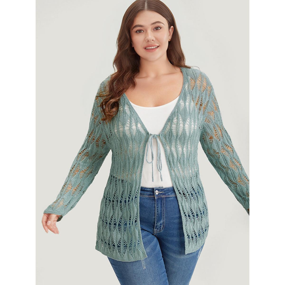 Plus Size Solid Tie Front Hollow Out Cardigan Stone Women Casual Loose Long Sleeve Everyday Cardigans BloomChic 12/L Product Image