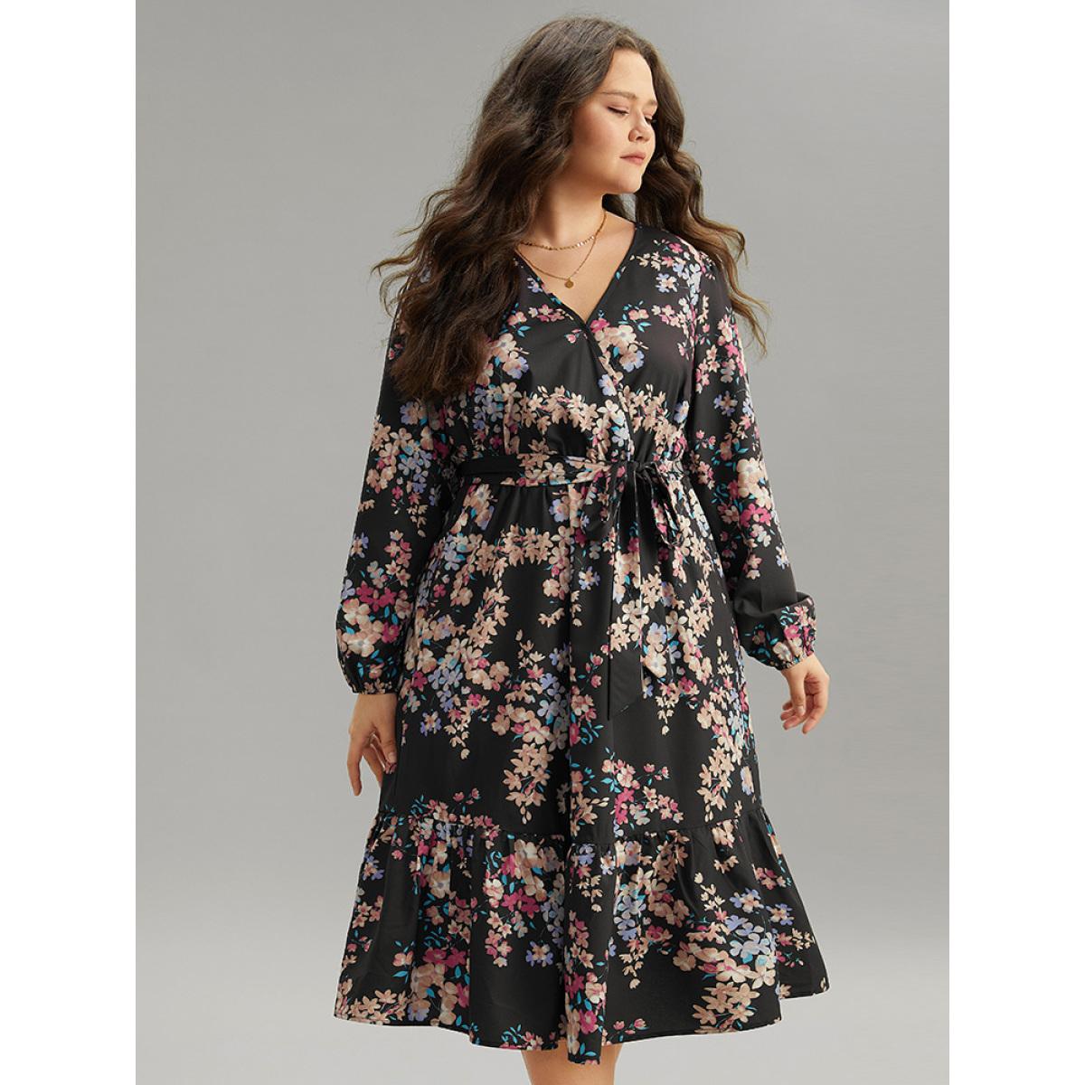 Plus Size Floral Print Overlap Collar Elastic Cuffs Dress Black Women Elegant Elastic cuffs Overlap Collar Long Sleeve Curvy Midi Dress BloomChic 12/L Product Image