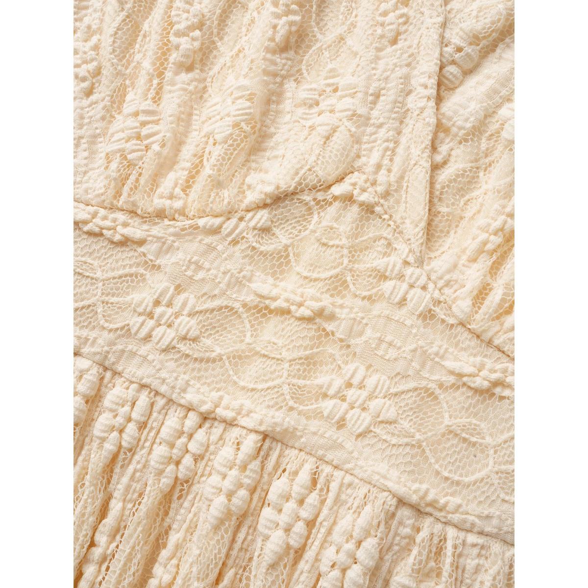 Plus Size Solid Overlap Collar Lace Panel Dress Beige Women Elegant Woven ribbon&lace trim Overlap Collar Half Sleeve Curvy BloomChic 12/L Product Image