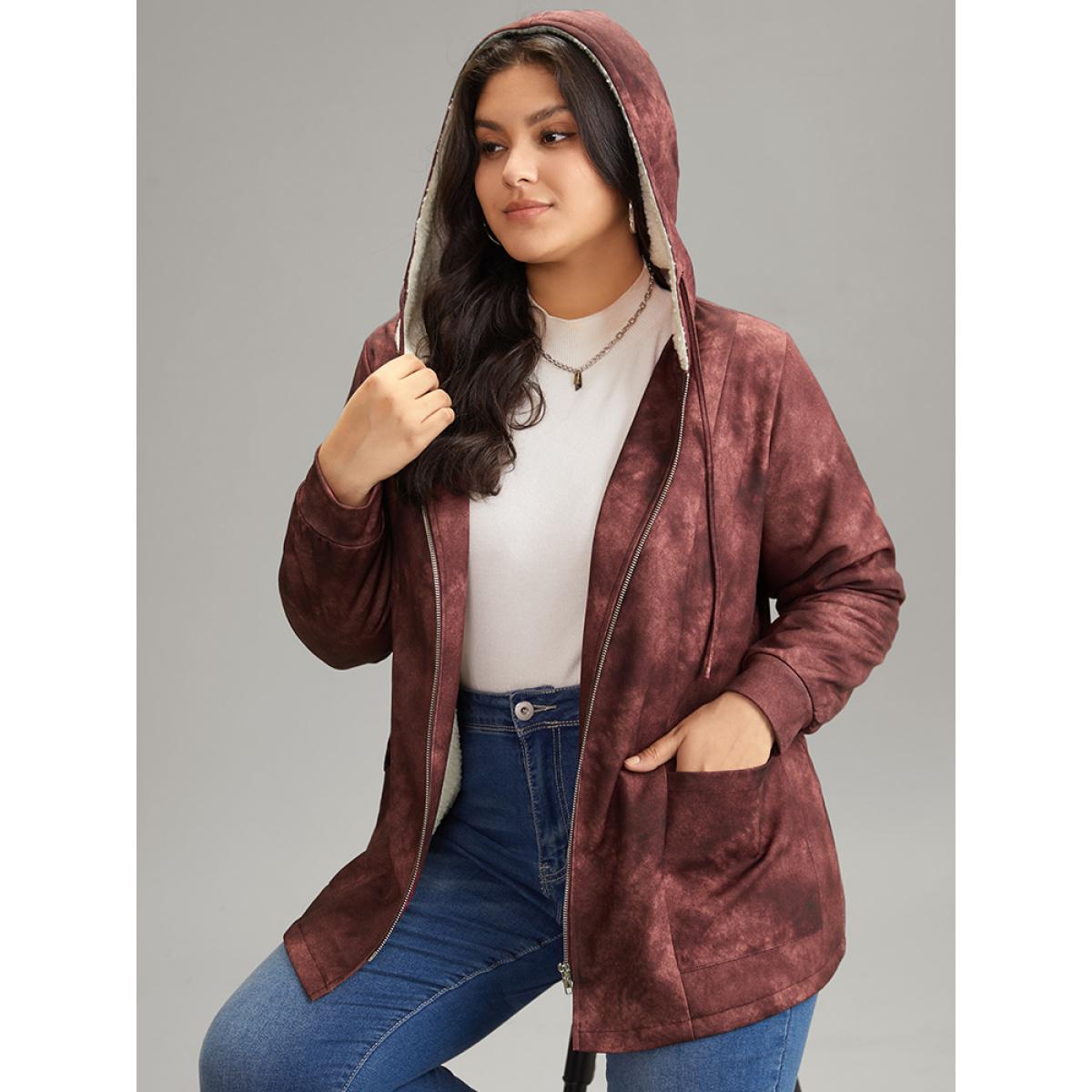 Plus Size Tie Dye Patchwork Fluffy Zipper Hooded Jacket Women Scarlet Lined Pocket Dailywear Jackets BloomChic 10/M Product Image
