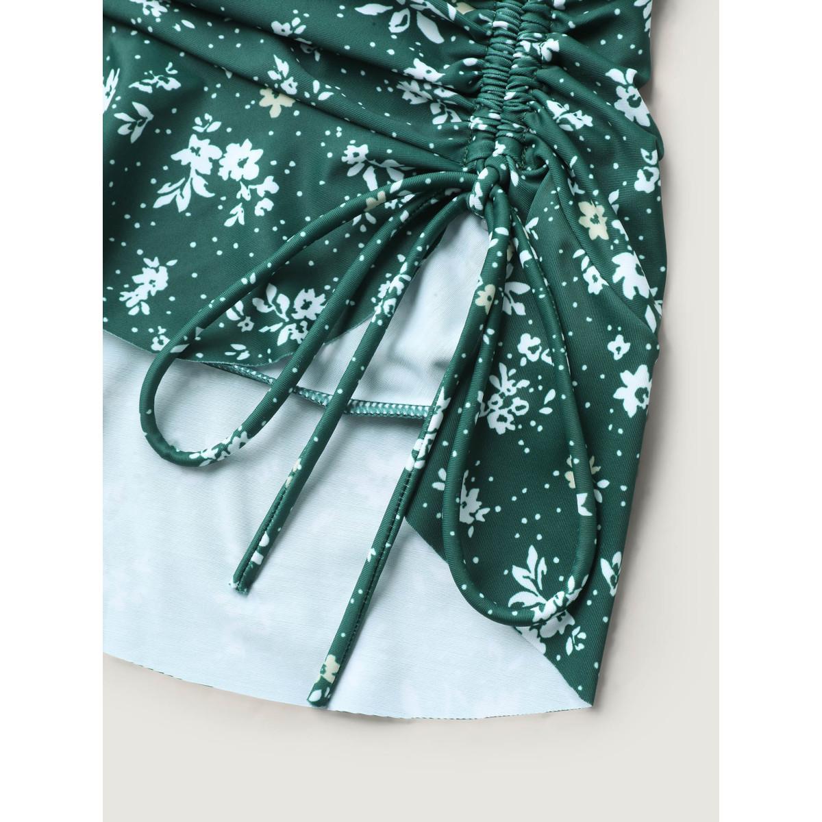 Plus Size Ditsy Floral Print Drawstring Swim Dress Women's Swimwear DarkGreen Resort Bodycon Overlap Collar High stretch Curve Swim Dresses BloomChic 10/M Product Image